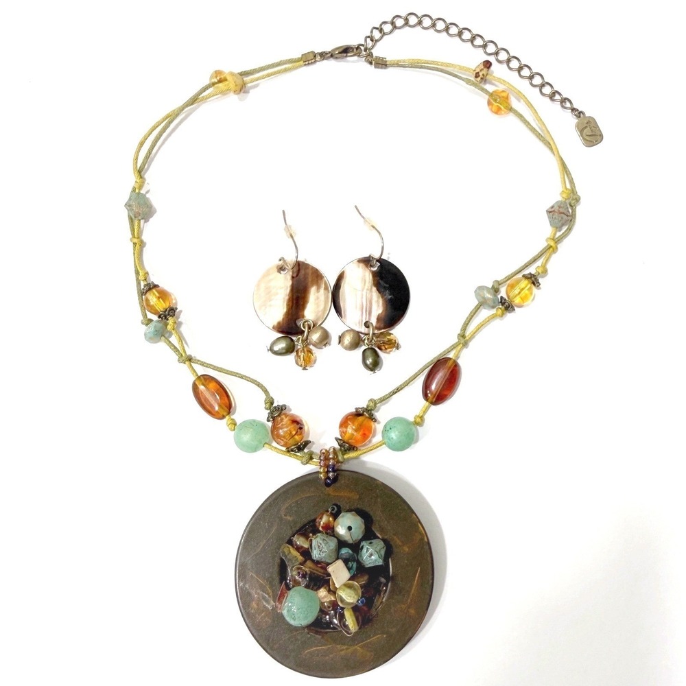 You & I Necklace Earring Set Women Brown Turquoise Boho Earthy Beaded Jewelry